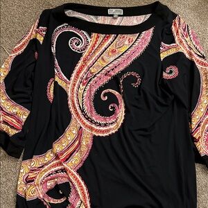 JM Collection Black Top with Pink and Yellow Paisley